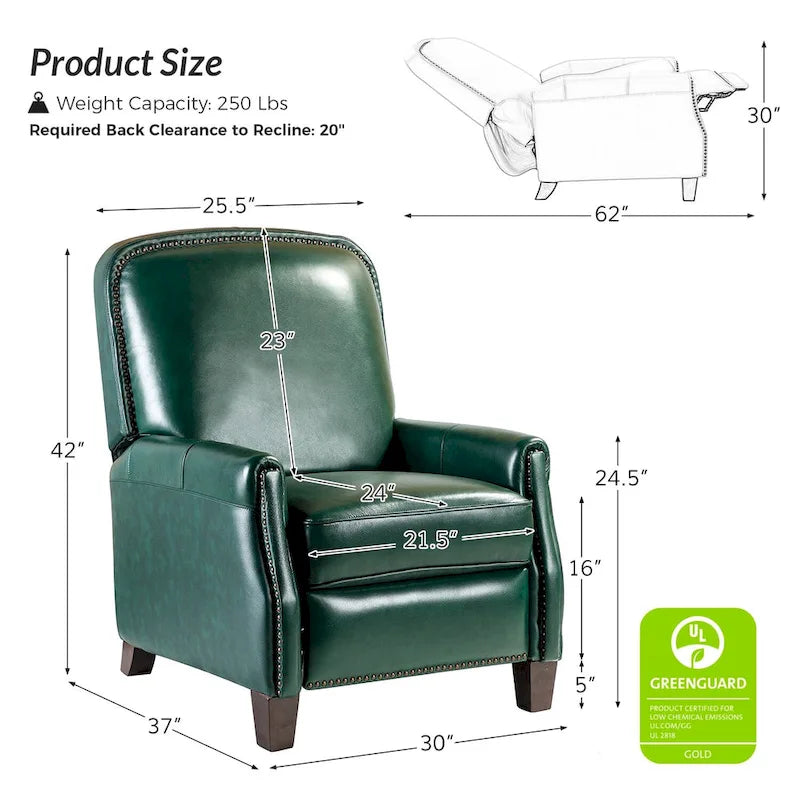 Fauteuil inclinable moderne rétro en cuir véritable avec garniture cloutée et cadre en bois