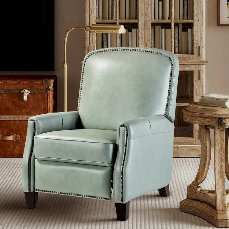 Fauteuil inclinable moderne rétro en cuir véritable avec garniture cloutée et cadre en bois