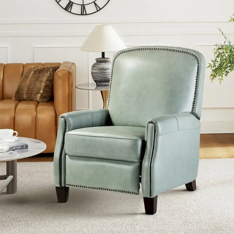 Fauteuil inclinable moderne rétro en cuir véritable avec garniture cloutée et cadre en bois