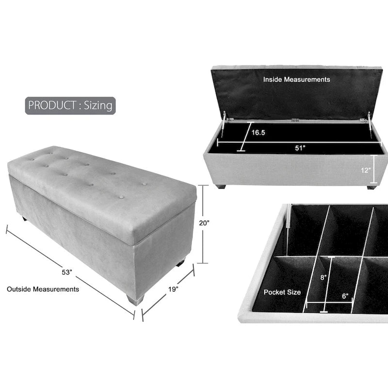 Banc de rangement pour chaussures 10 boutons capitonné en lin avec vérin hydraulique, fabriqué aux États-Unis