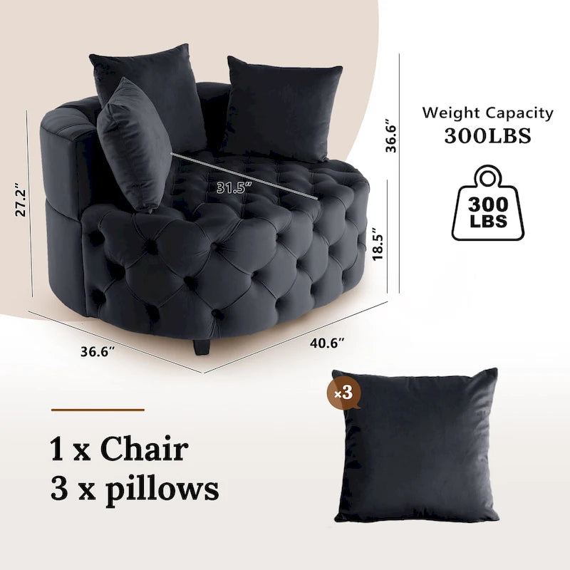 Grand fauteuil tonneau classique moderne en velours avec 2 oreillers