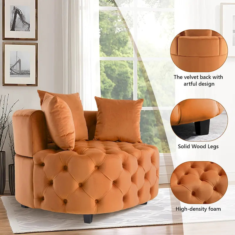 Grand fauteuil tonneau classique moderne en velours avec 2 oreillers