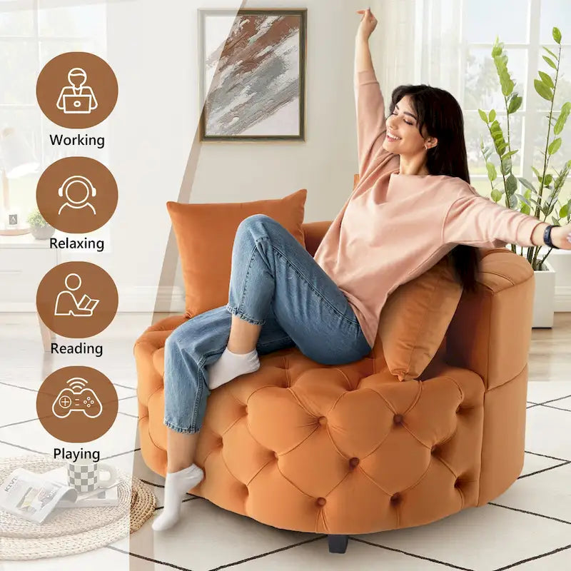 Grand fauteuil tonneau classique moderne en velours avec 2 oreillers