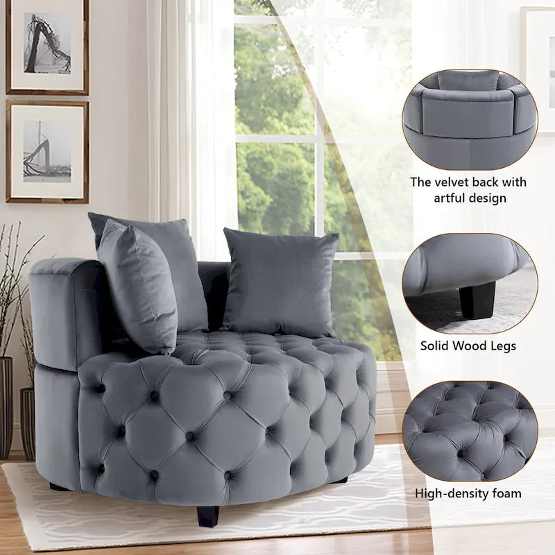 Grand fauteuil tonneau classique moderne en velours avec 2 oreillers