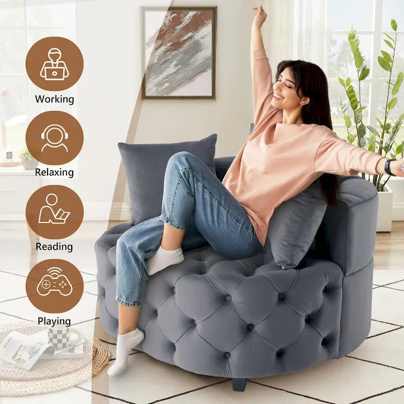 Grand fauteuil tonneau classique moderne en velours avec 2 oreillers