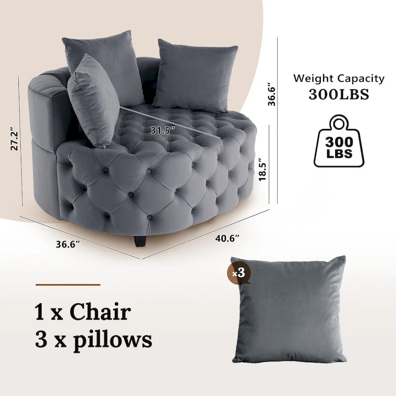 Grand fauteuil tonneau classique moderne en velours avec 2 oreillers