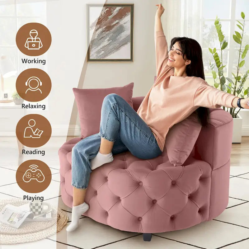 Grand fauteuil tonneau classique moderne en velours avec 2 oreillers