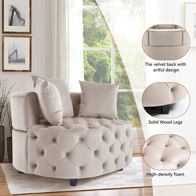 Grand fauteuil tonneau classique moderne en velours avec 2 oreillers