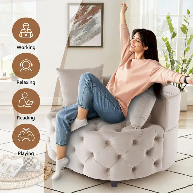 Grand fauteuil tonneau classique moderne en velours avec 2 oreillers