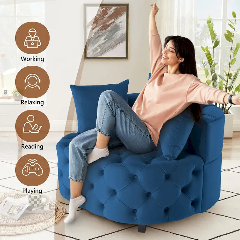 Grand fauteuil tonneau classique moderne en velours avec 2 oreillers
