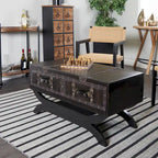 Table basse vintage en similicuir avec 2 tiroirs et pieds incurvés – Marron foncé