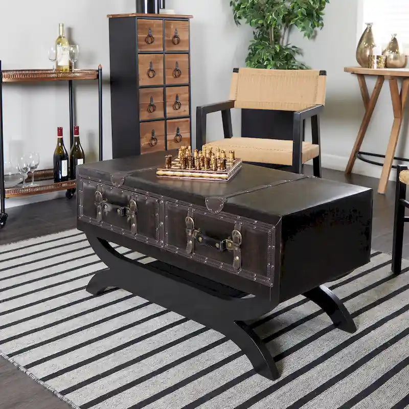 Table basse vintage en similicuir avec 2 tiroirs et pieds incurvés – Marron foncé