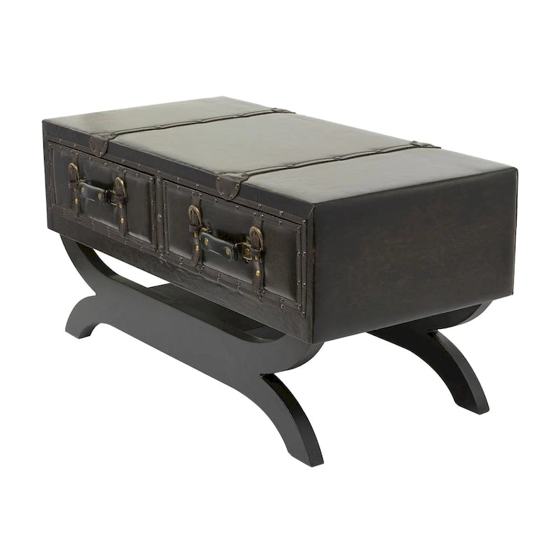 Table basse vintage en similicuir avec 2 tiroirs et pieds incurvés – Marron foncé