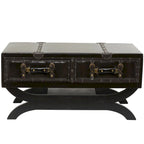 Table basse vintage en similicuir avec 2 tiroirs et pieds incurvés – Marron foncé