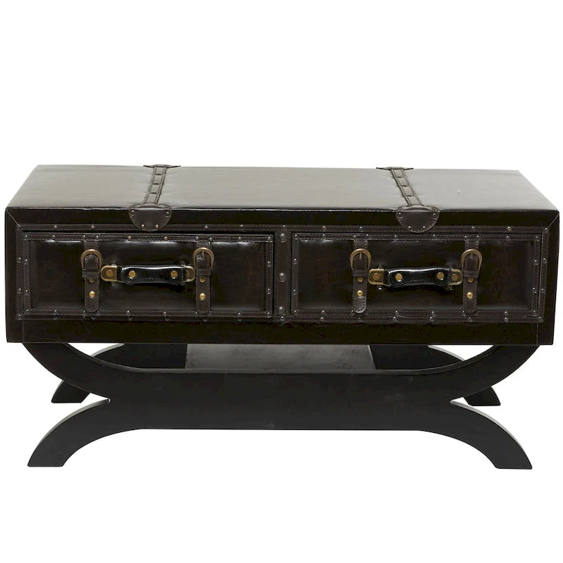 Table basse vintage en similicuir avec 2 tiroirs et pieds incurvés – Marron foncé