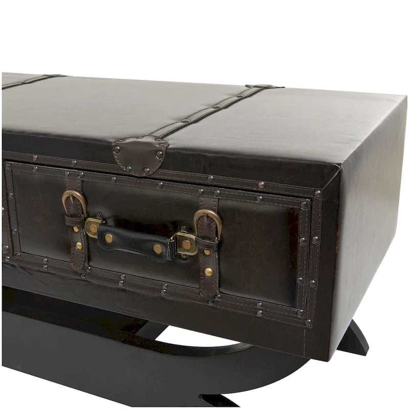 Table basse vintage en similicuir avec 2 tiroirs et pieds incurvés – Marron foncé