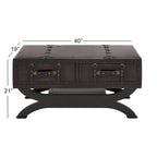 Table basse vintage en similicuir avec 2 tiroirs et pieds incurvés – Marron foncé