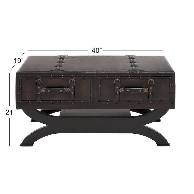 Table basse vintage en similicuir avec 2 tiroirs et pieds incurvés – Marron foncé
