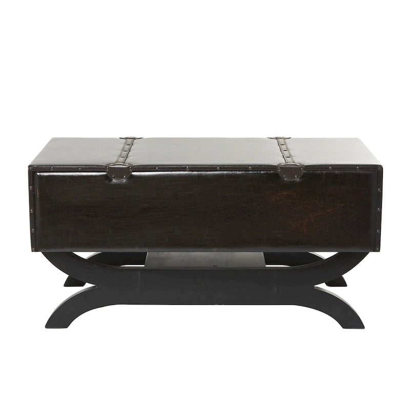 Table basse vintage en similicuir avec 2 tiroirs et pieds incurvés – Marron foncé