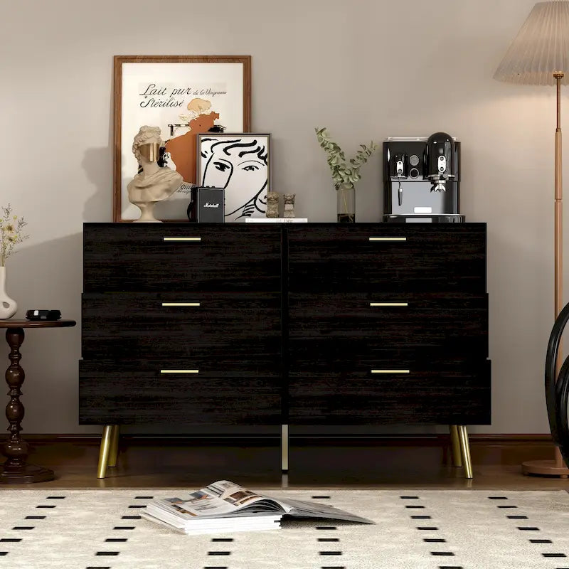 Commode et chiffonnier à 6 tiroirs avec poignées en métal doré