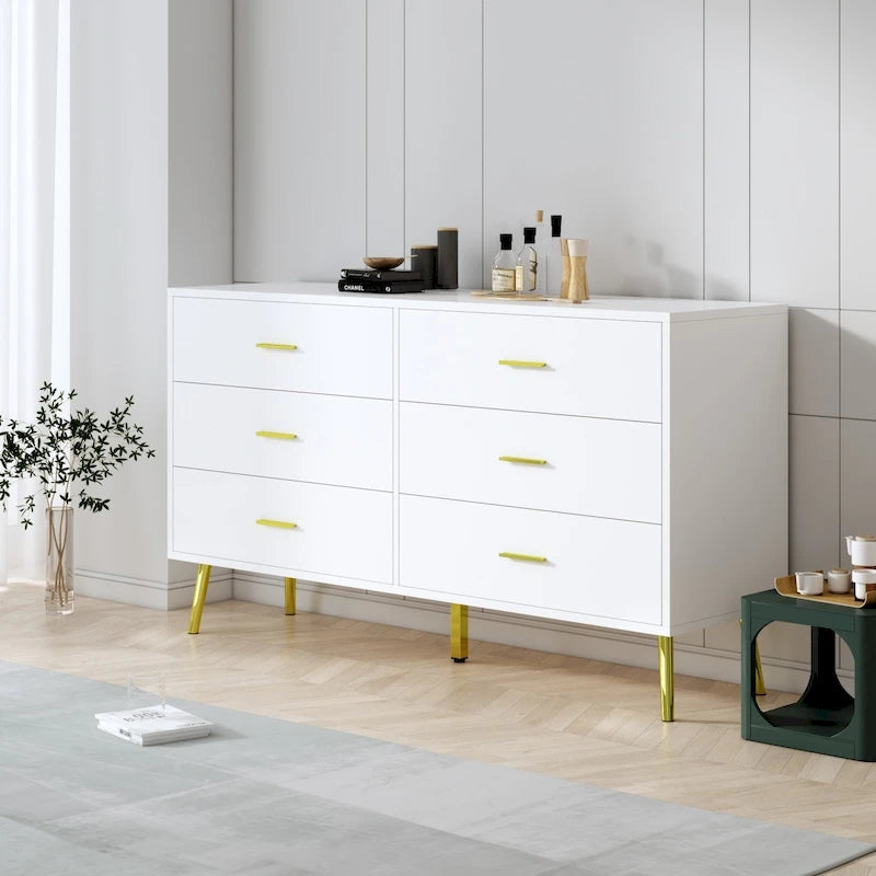 Commode et chiffonnier à 6 tiroirs avec poignées en métal doré