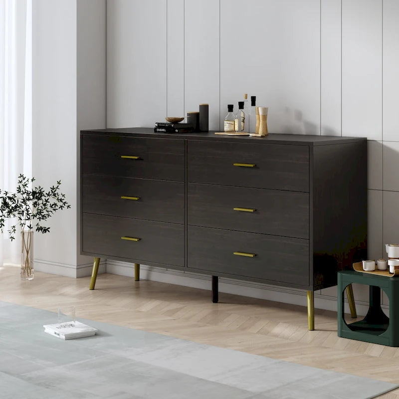 Commode et chiffonnier à 6 tiroirs avec poignées en métal doré