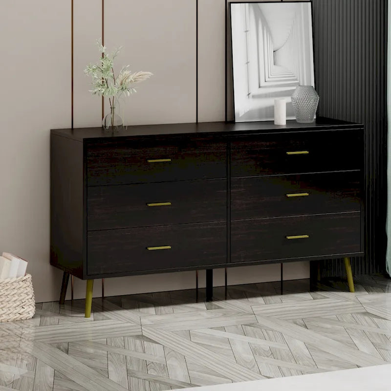 Commode et chiffonnier à 6 tiroirs avec poignées en métal doré