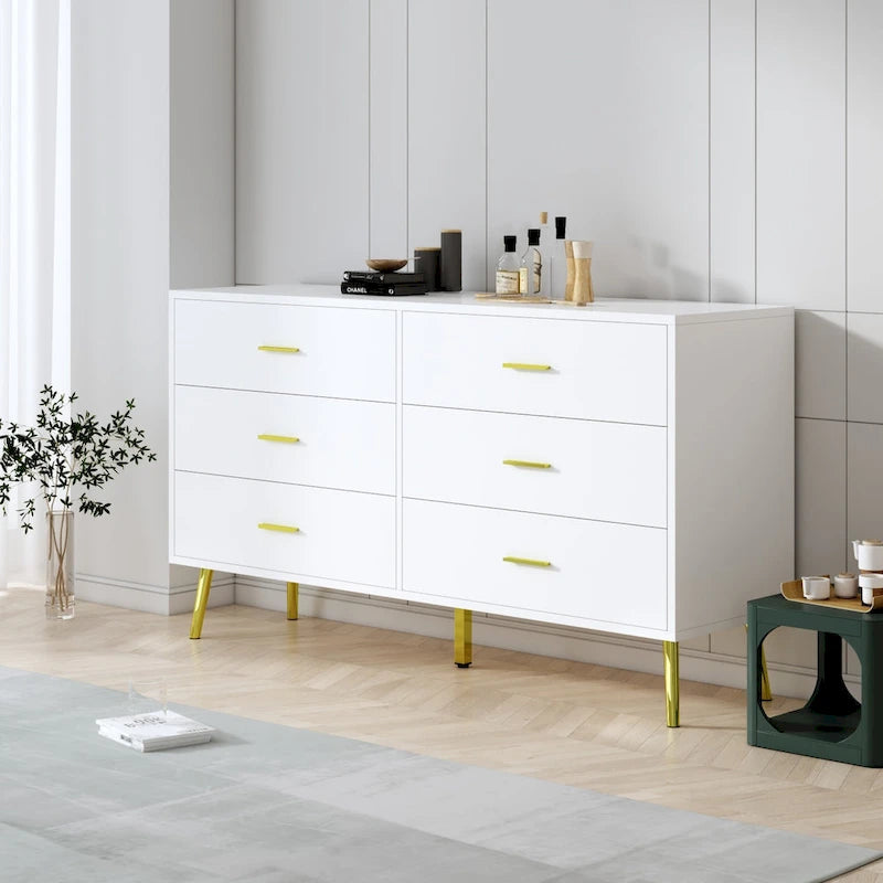 Commode 6 tiroirs spacieuse avec poignées en métal doré