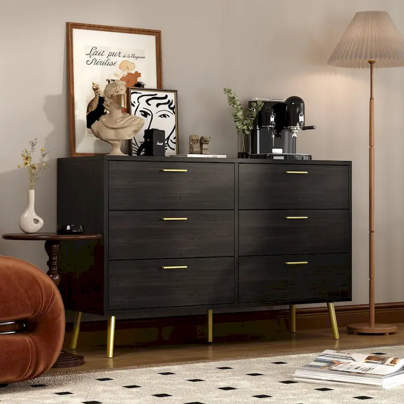 Commode 6 tiroirs spacieuse avec poignées en métal doré