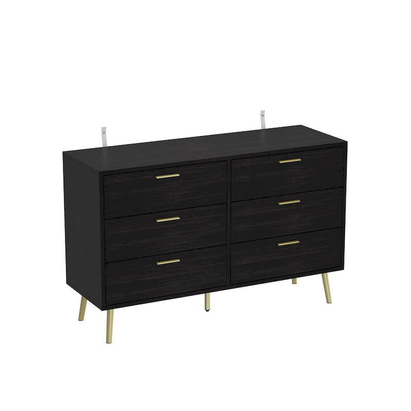 Commode 6 tiroirs spacieuse avec poignées en métal doré