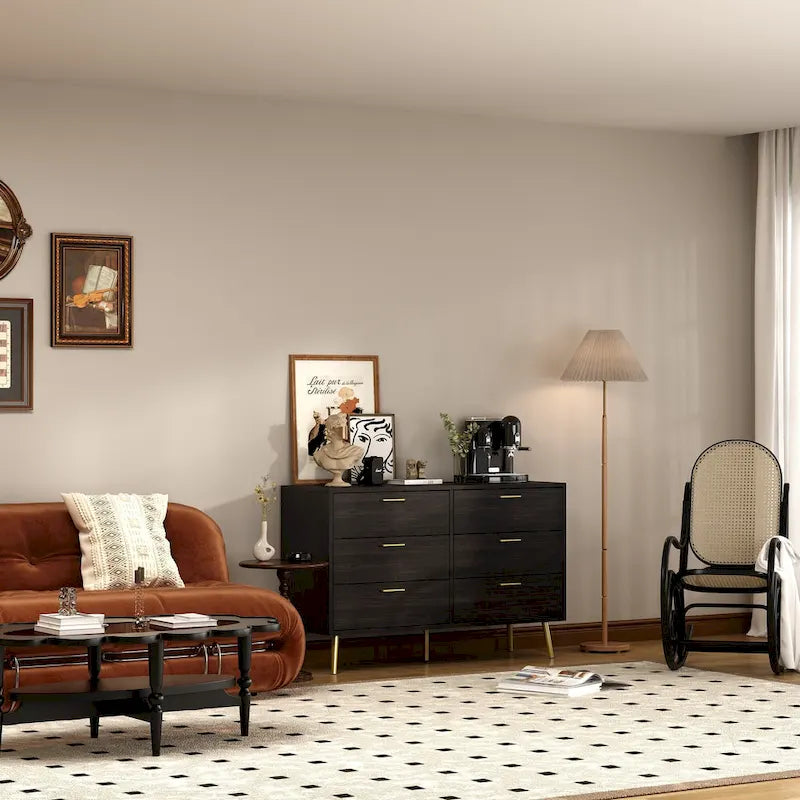 Commode 6 tiroirs spacieuse avec poignées en métal doré