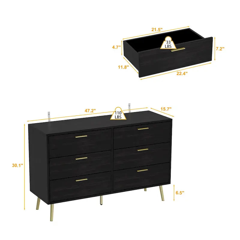 Commode 6 tiroirs spacieuse avec poignées en métal doré