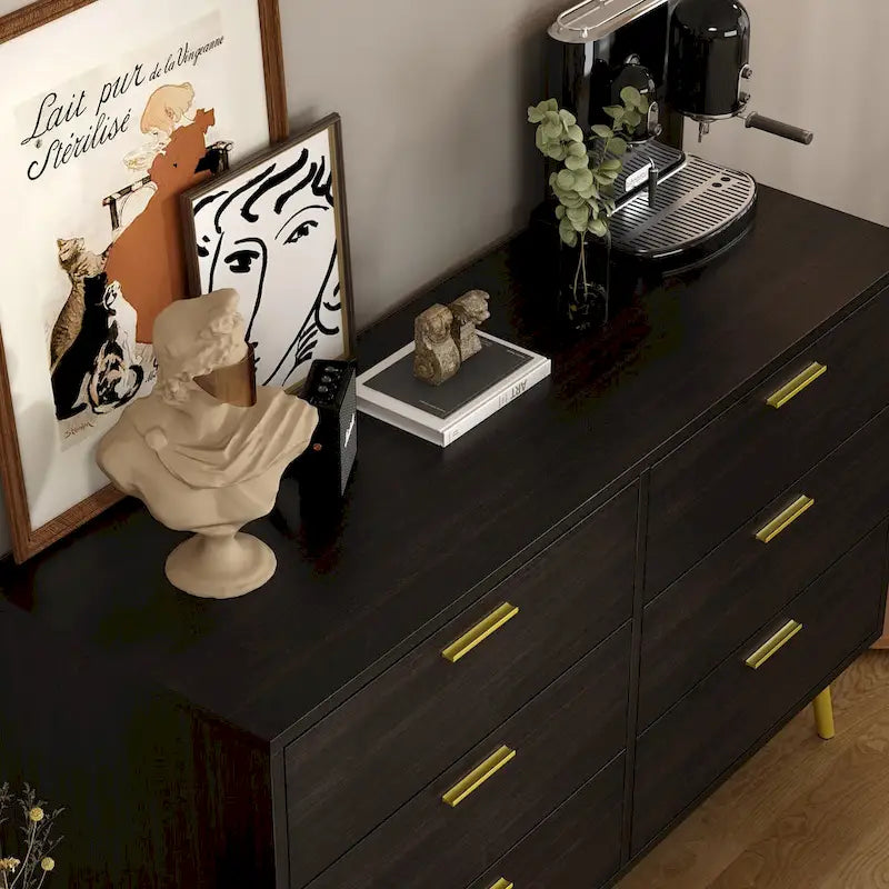 Commode 6 tiroirs spacieuse avec poignées en métal doré