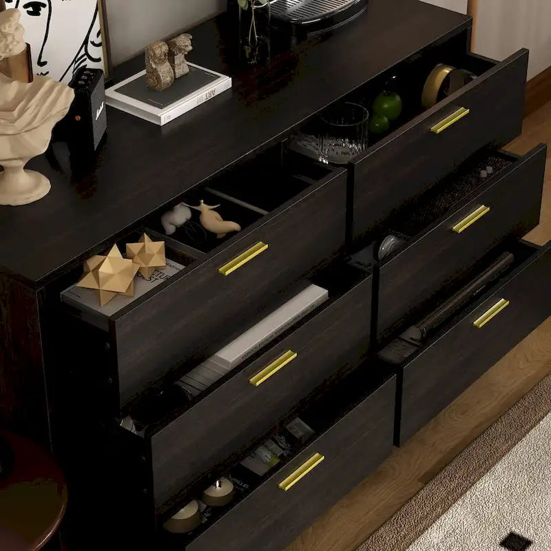 Commode 6 tiroirs spacieuse avec poignées en métal doré