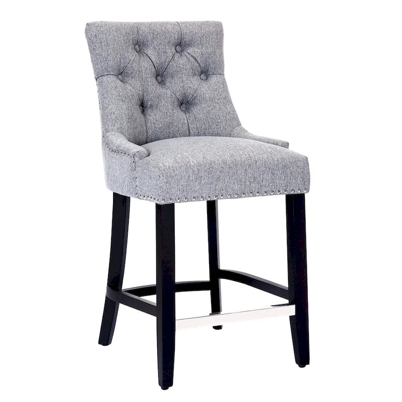 Tabouret de comptoir rembourré Carter 24 avec boutons touffetés, pieds noirs