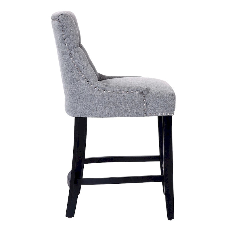 Tabouret de comptoir rembourré Carter 24 avec boutons touffetés, pieds noirs