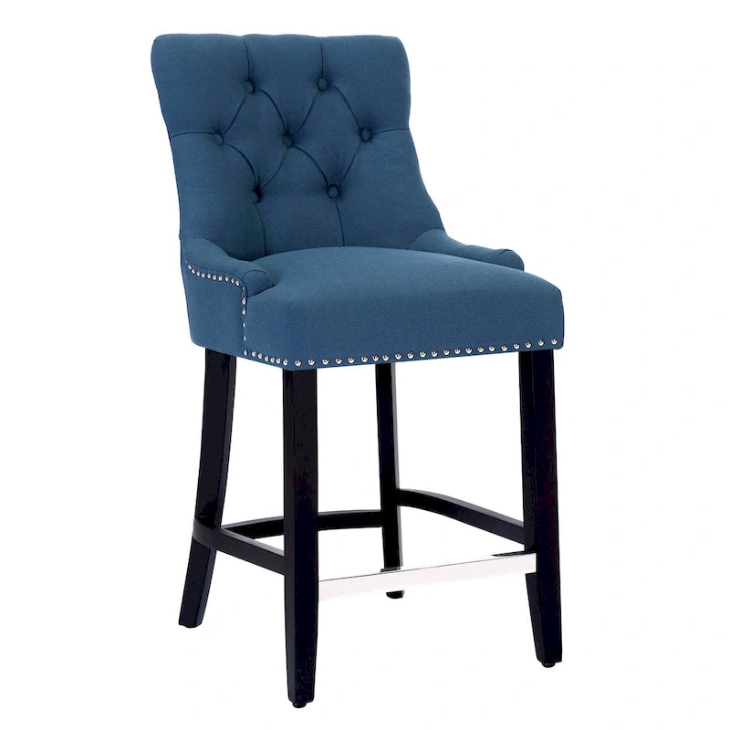 Tabouret de comptoir rembourré Carter 24 avec boutons touffetés, pieds noirs