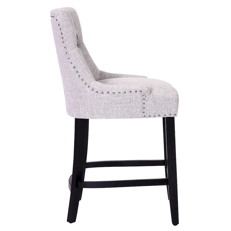 Tabouret de comptoir rembourré Carter 24 avec boutons touffetés, pieds noirs