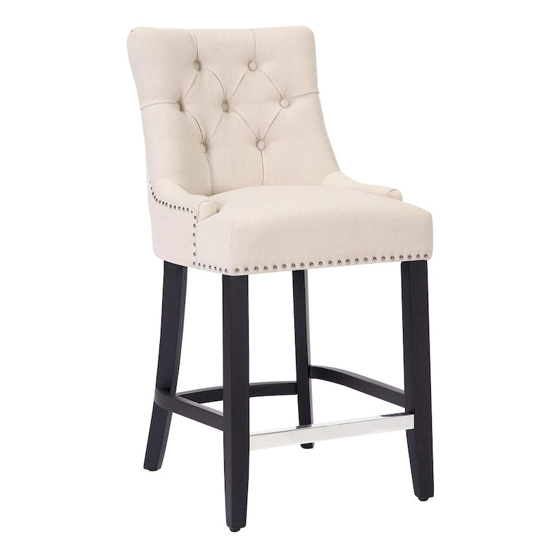 Tabouret de comptoir rembourré Carter 24 avec boutons touffetés, pieds noirs