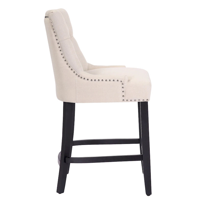 Tabouret de comptoir rembourré Carter 24 avec boutons touffetés, pieds noirs