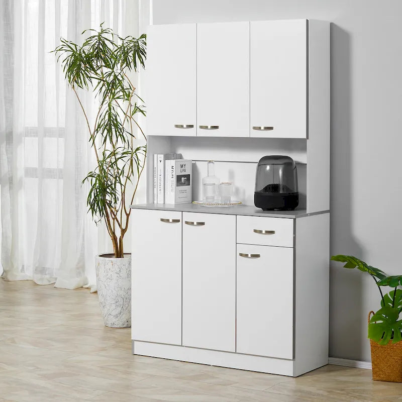 Buffet de cuisine sur pied de 71 po avec 6 portes, 3 étagères et 1 tiroir, Blanc