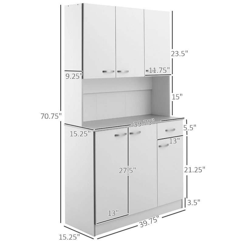 Buffet de cuisine sur pied de 71 po avec 6 portes, 3 étagères et 1 tiroir, Blanc