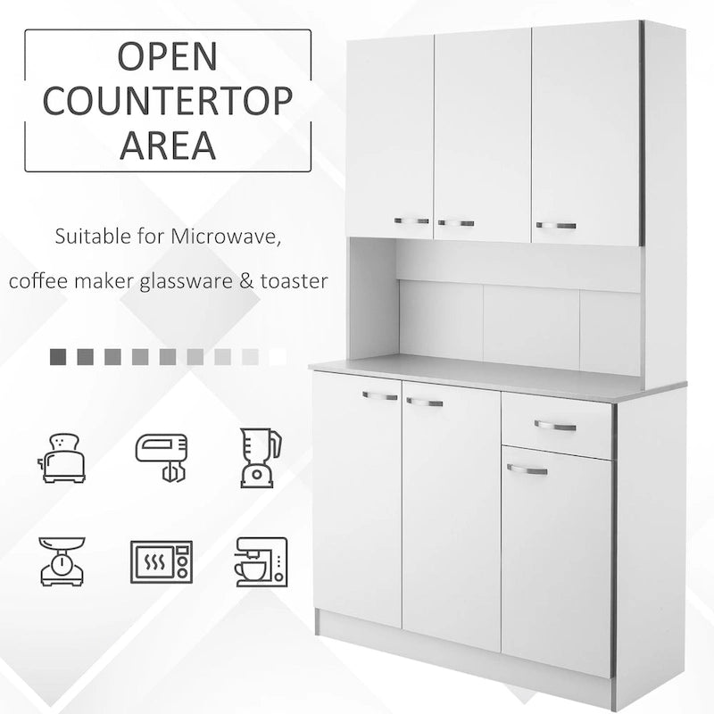 Buffet de cuisine sur pied de 71 po avec 6 portes, 3 étagères et 1 tiroir, Blanc