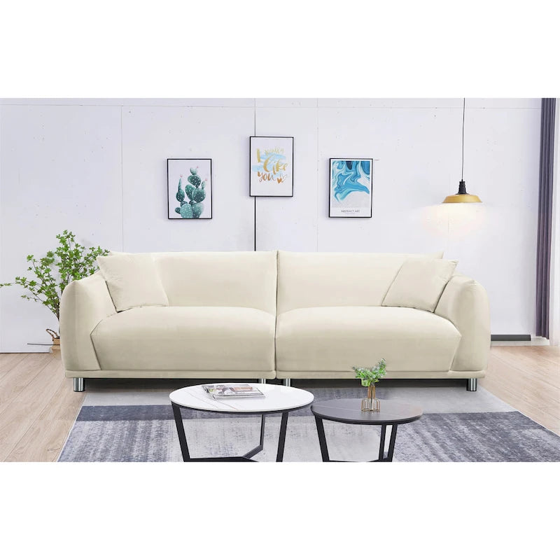 Canapé moderne en velours de 224 cm avec pieds en métal et oreillers décoratifs
