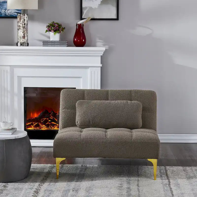 Canapé-lit futon convertible en tissu Teddy avec pieds en métal doré