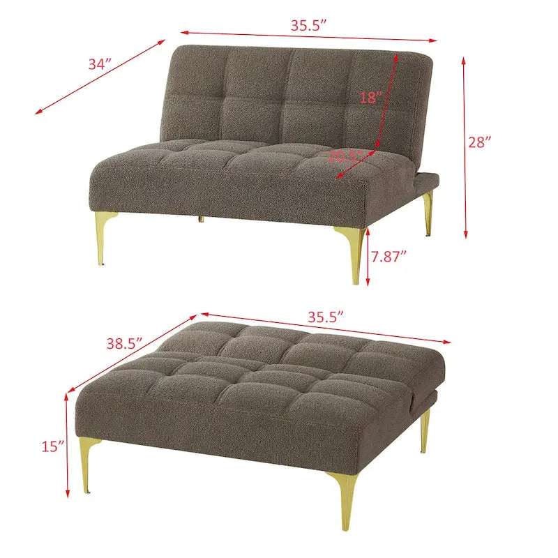 Canapé-lit futon convertible en tissu Teddy avec pieds en métal doré