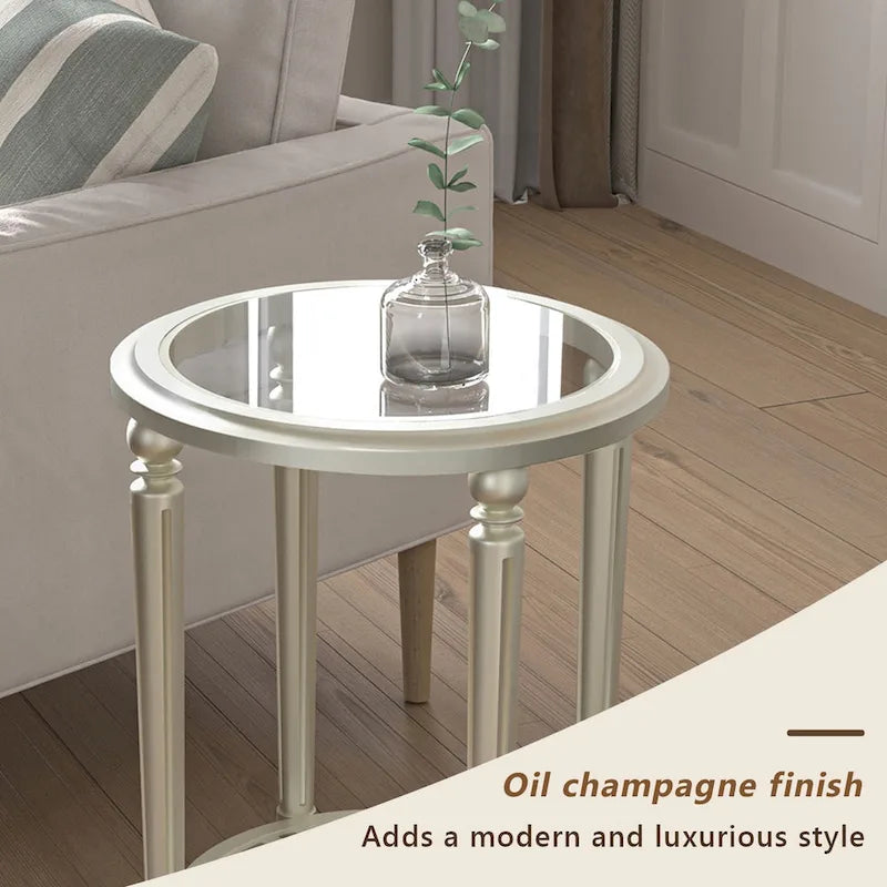 Table d'appoint ronde à 2 niveaux en verre trempé avec finition champagne et pieds sculptés en pin