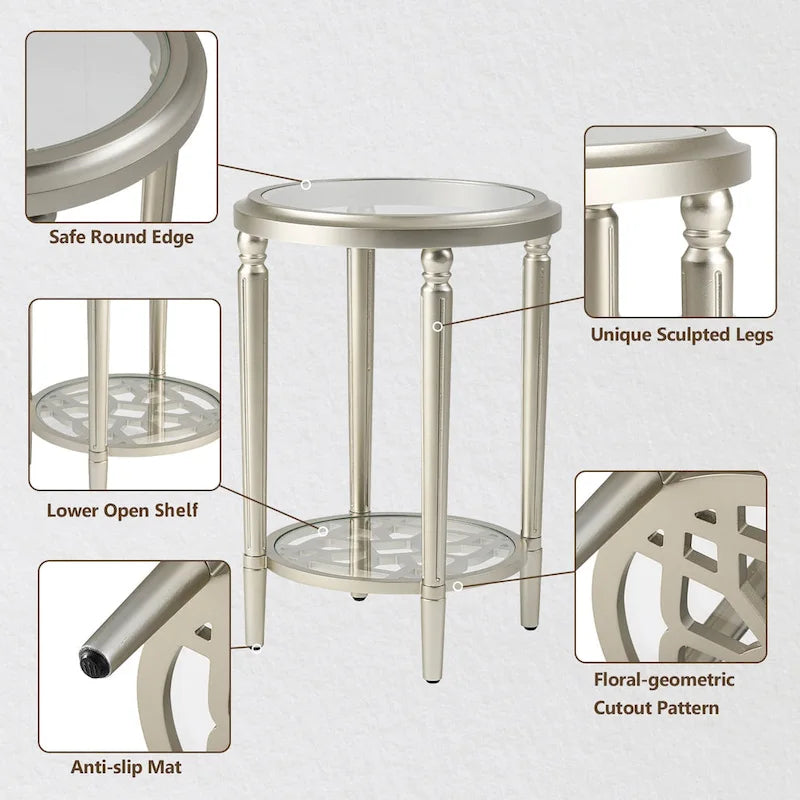 Table d'appoint ronde à 2 niveaux en verre trempé avec finition champagne et pieds sculptés en pin