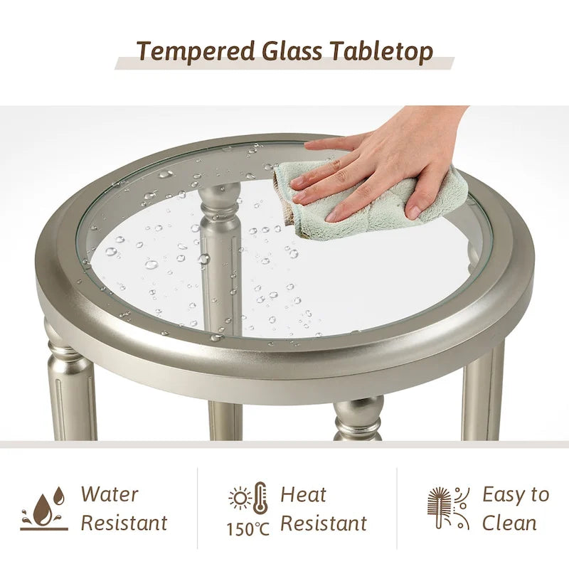 Table d'appoint ronde à 2 niveaux en verre trempé avec finition champagne et pieds sculptés en pin