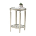 Table d'appoint ronde à 2 niveaux en verre trempé avec finition champagne et pieds sculptés en pin